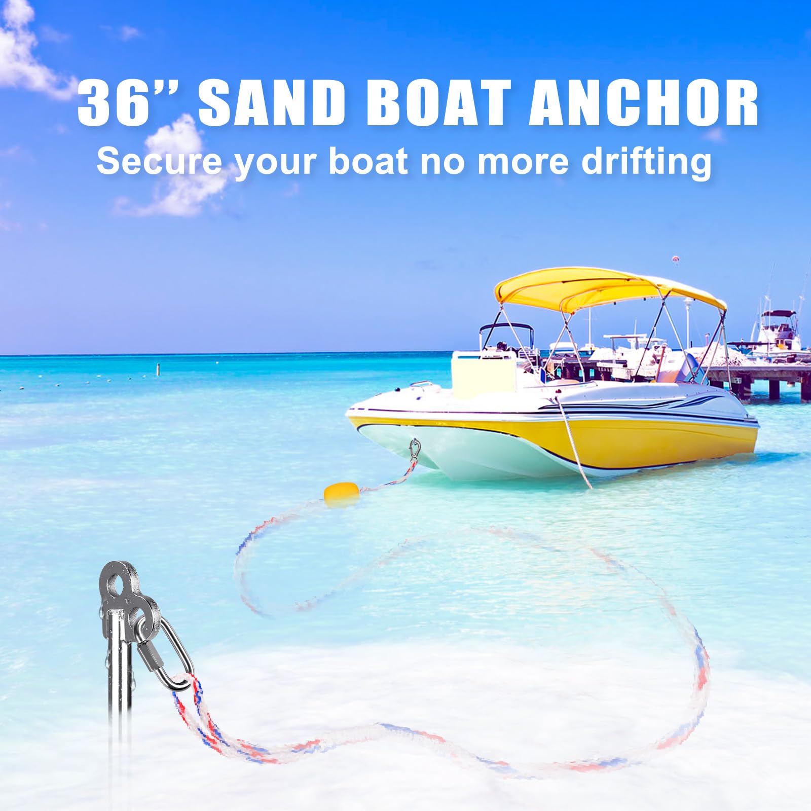 Insaga Ancre de sable de 91,4 cm pour bateau avec corde de 9,8 m, ancre de sable en acier inoxydable 304 avec barre transversale, ancre de bateau entièrement soudée pour kayak, jet ski, ponton, eau