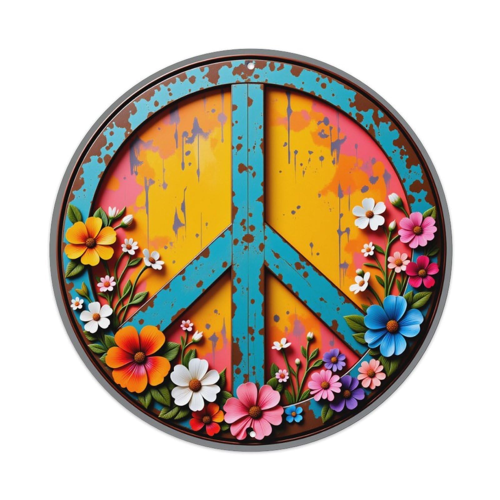 Peace Sign With Flowers Round Tin Sign Vintage Style Metal Sign Home Bar Garden Wall Plaque Decor Metal Poster 8x8 Inch