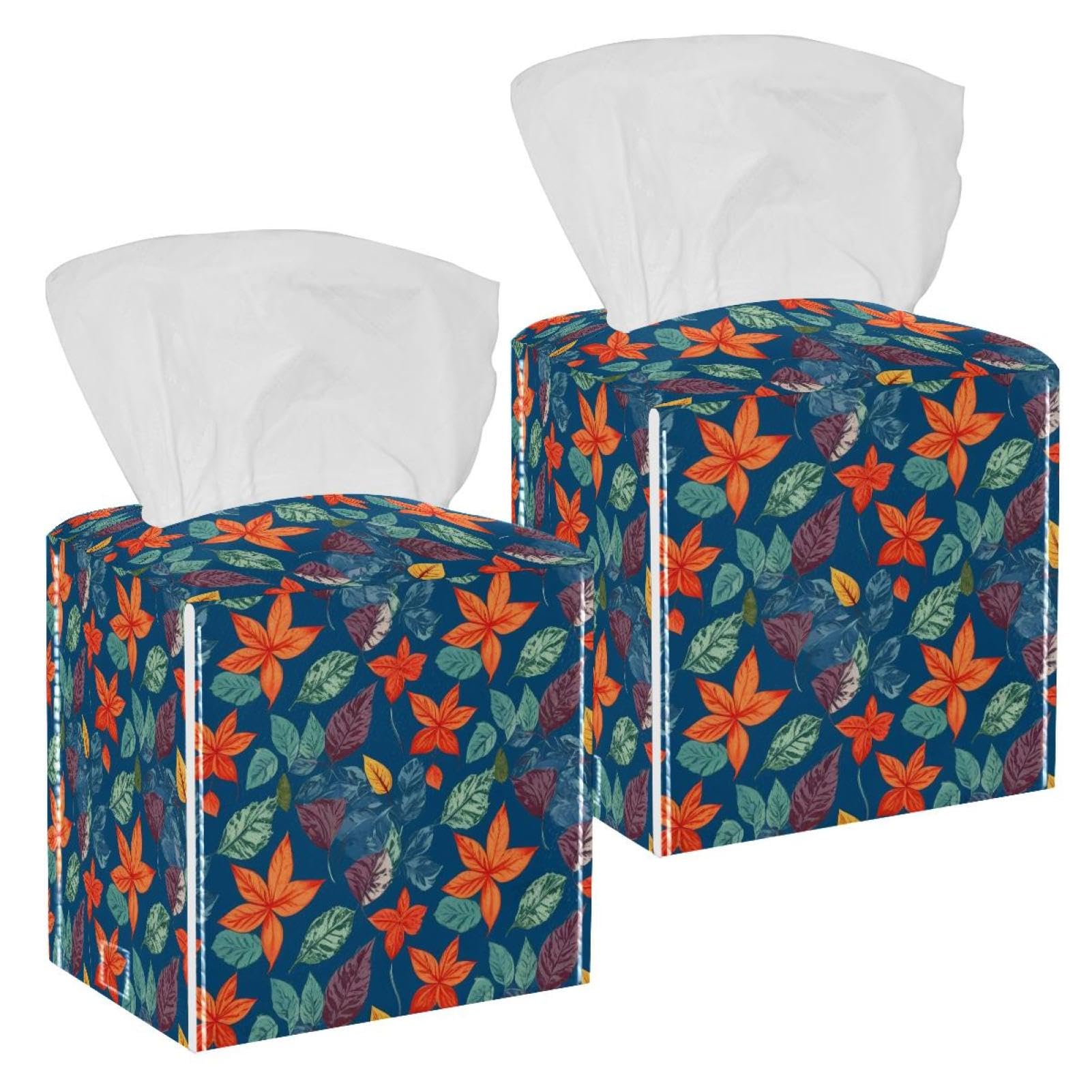 Artistic Leaves Tissue Box Cover, 2 Pack PU Leather Square Facial Tissue Dispenser Box holder for Home Office Car