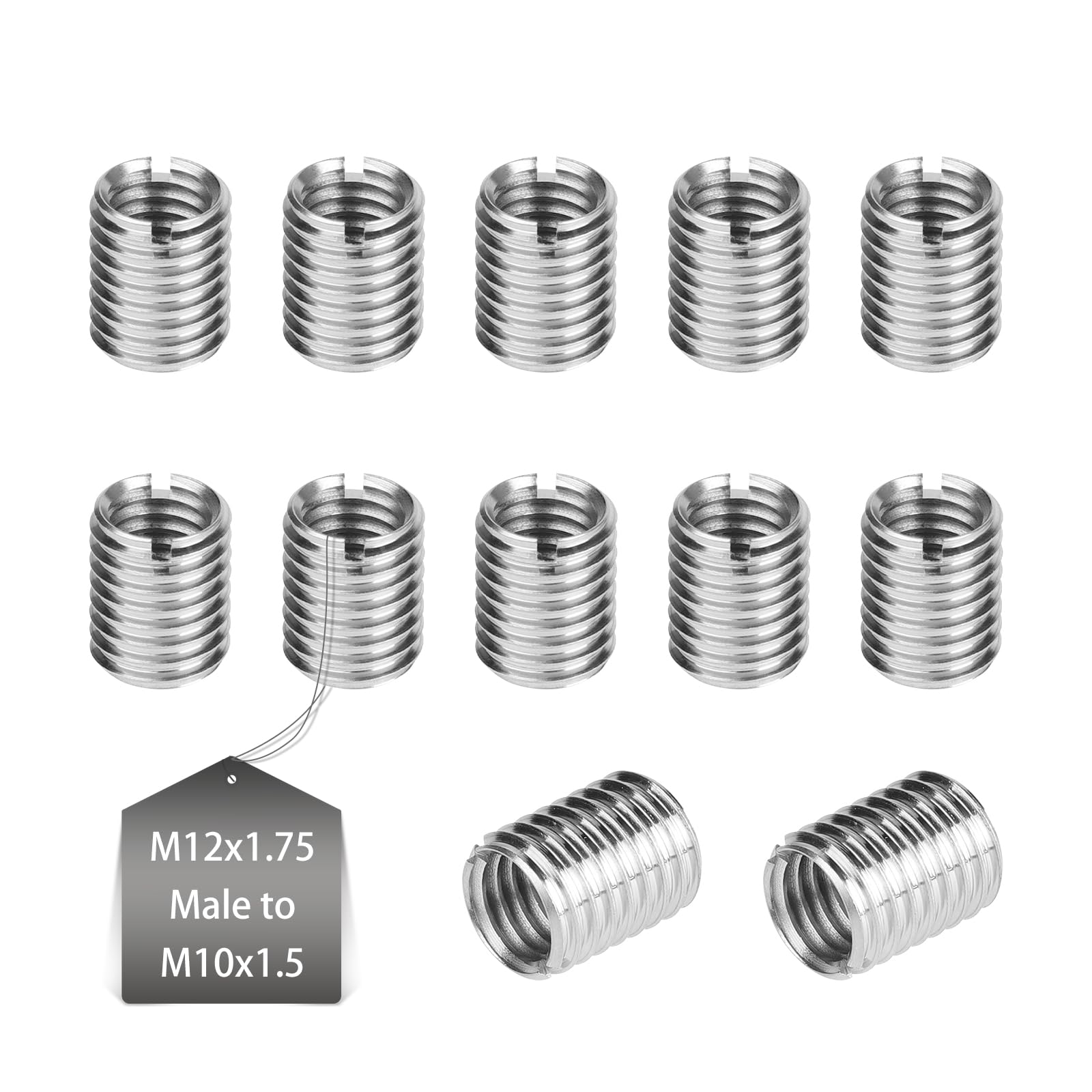 EXLECO 12x Inserti Filettati M12 a M10 15mm Boccole Filettate per Legno Inserto Filettato Autofilettante Dadi di Riduzione Filettato Riparazione Dado Riduzione Interno M10 X 1,5mm Esterno M12 X 1,75mm