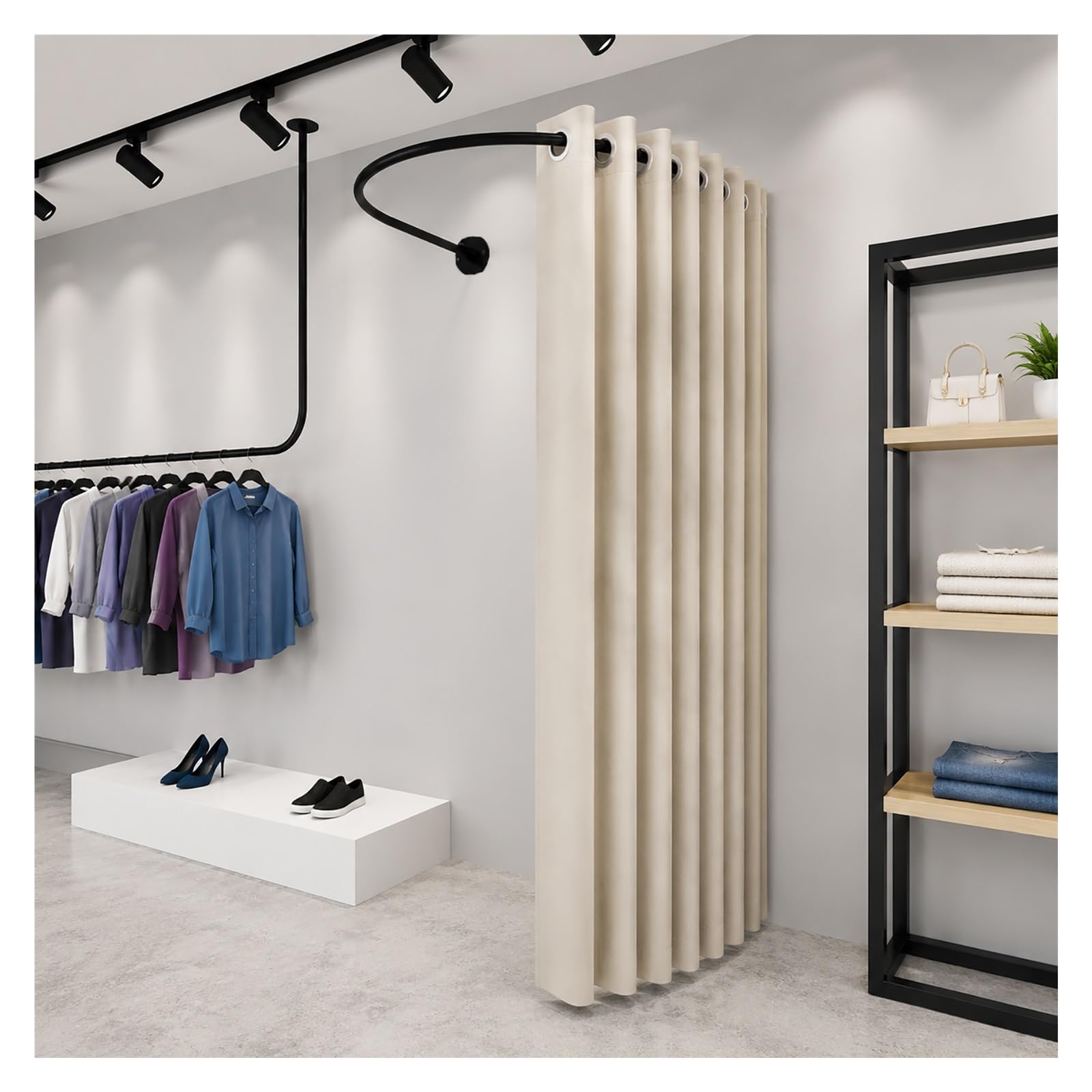 ZJKXJH U Shaped Fitting Room Curtain, Wall Mounted Changing Area Curtain for Bedroom/Mall/Office, Corner Privacy Partition Drapes for Privacy Protection(With Beige Curtains,110cm/43.3in)