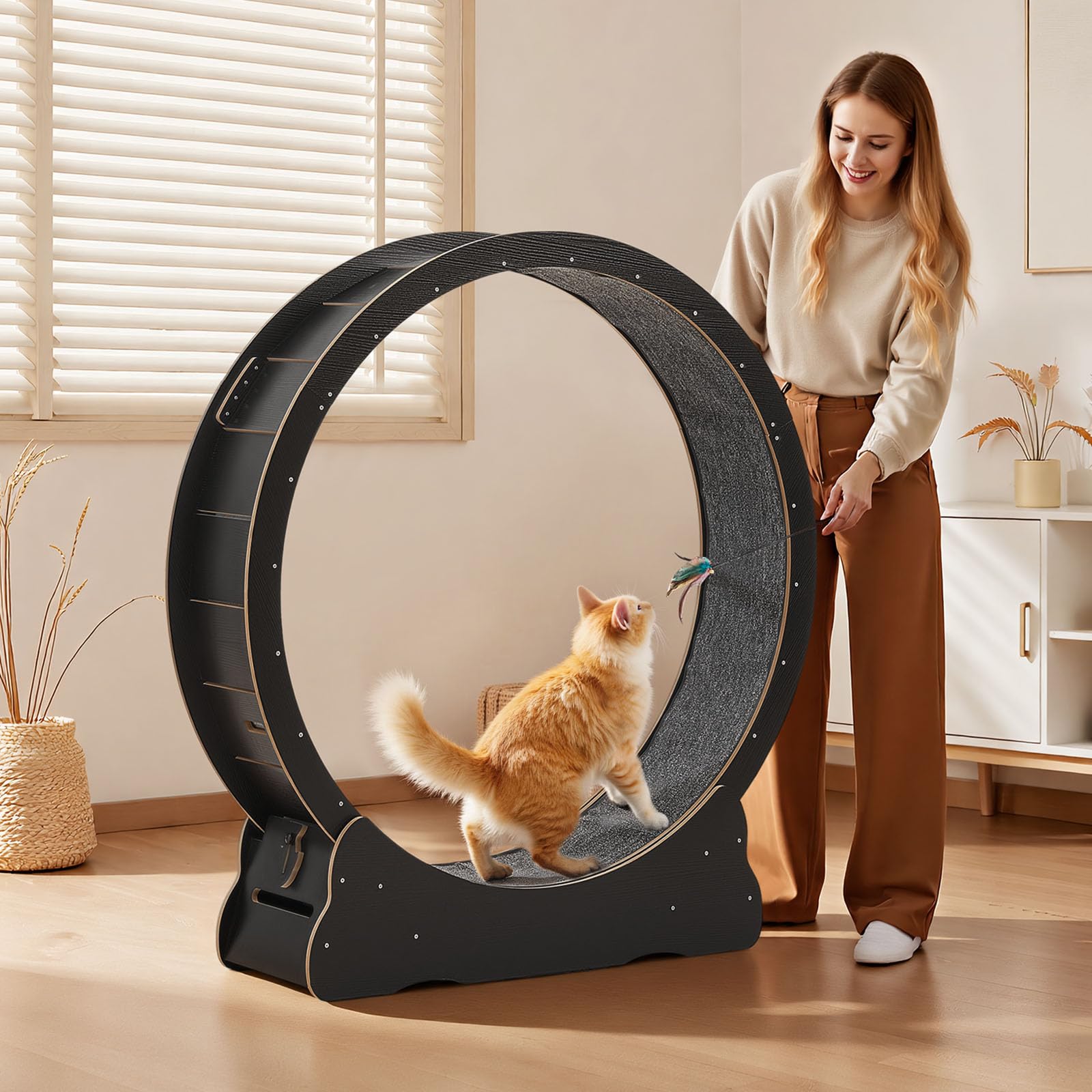 VEVOR Ruota per Esercizi per Gatti, Ruota per Correre in Legno da 132 cm per Gattini da Interno Fino a 12,7 kg, con Pista in Moquette e Meccanismo di Bloccaggio, per Animali Domestici, Fitness Nero