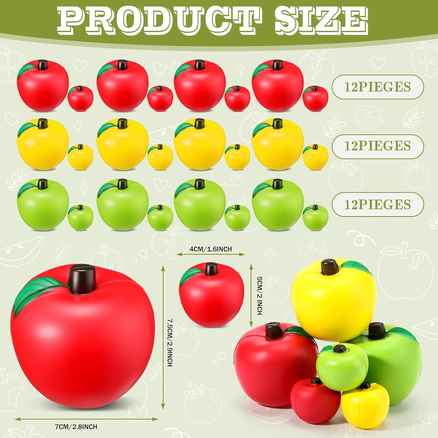 Meooeck 36 Pcs Fruit Stress Ball Bulk Back to School Gifts for Students Red Green Yellow Fruit Anxiety Relief Stress Balls Soft Foam Toys Finger Exercise(2 Inch ,2.8 Inch,Classics)