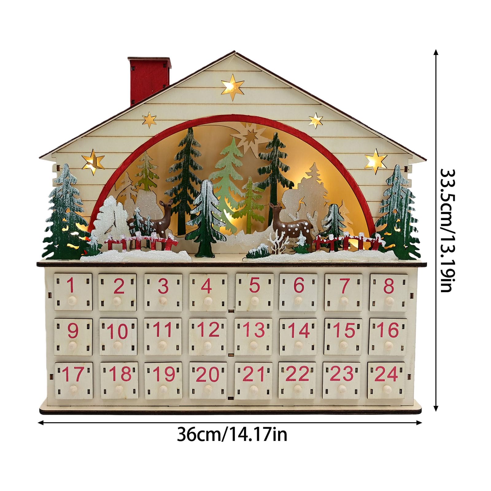 Natürlicher Holz-Adventskalender, Weihnachts-Holz-Advent mit Schubladen, LED-beleuchteter Countdown mit 24 Schubladen, Countdown bis Dekorationen für Partydekoration