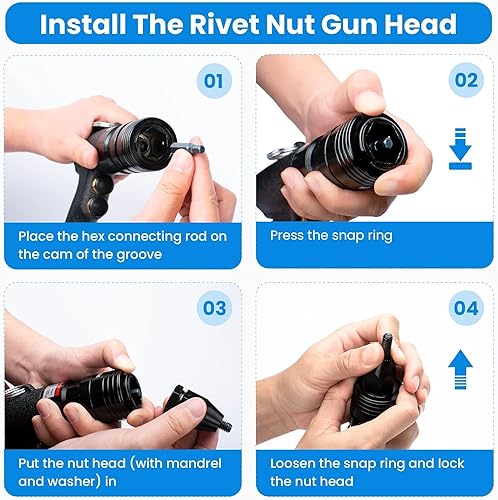 Miniatura 6 de Pistola neumática de tuerca remachadora, 14, 516 pulgadas, resistente y ajustable, con mandriles, kit de pistola de remachado, juego de remachadora,