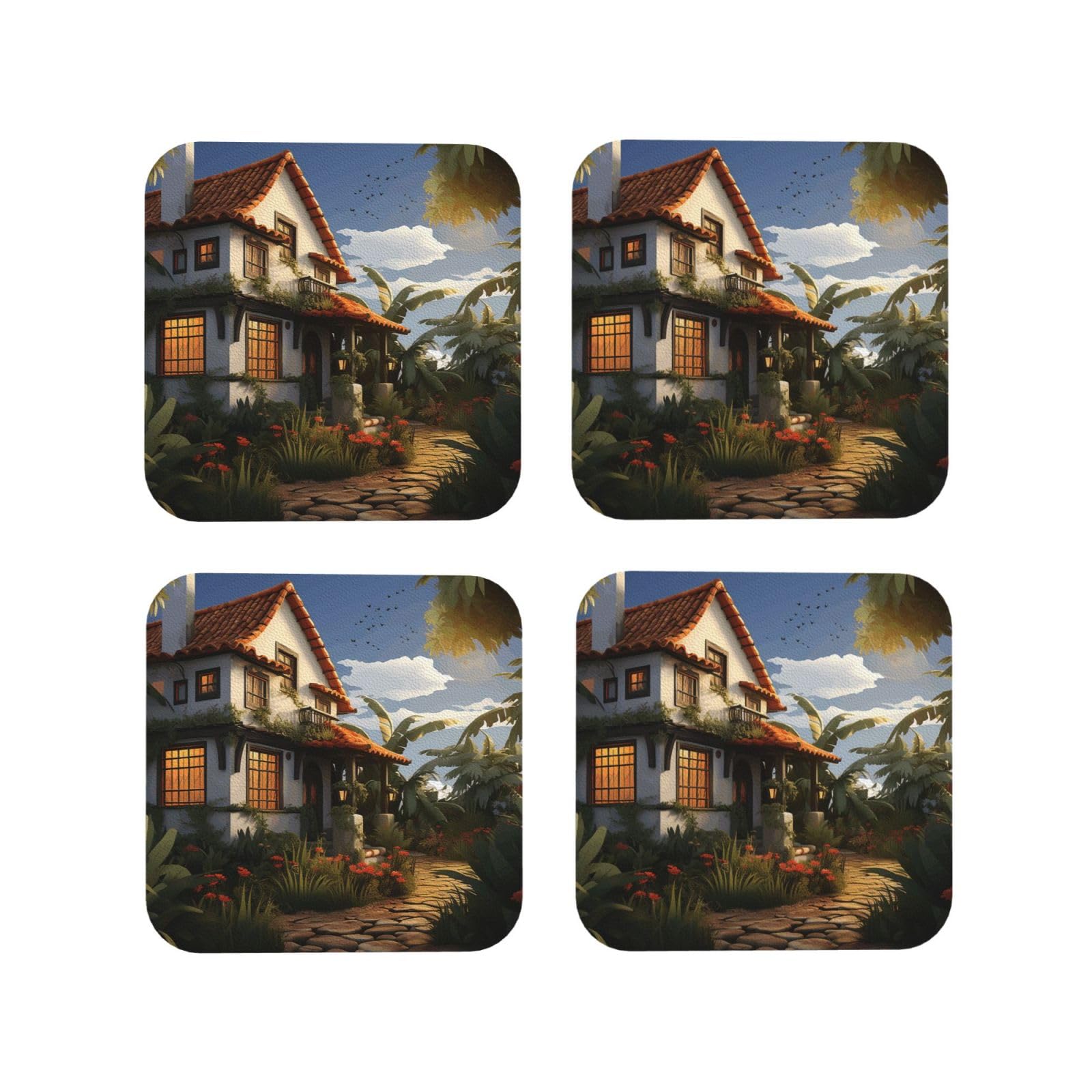 4pcs Drink Coasters for Tabletop Protection, 4" Leather Coasters for Drinks, Farmhouse Cup Coasters for Coffee Table Decor, Non-Slip Drinking Cup Mat for Hot Or Cold Drink