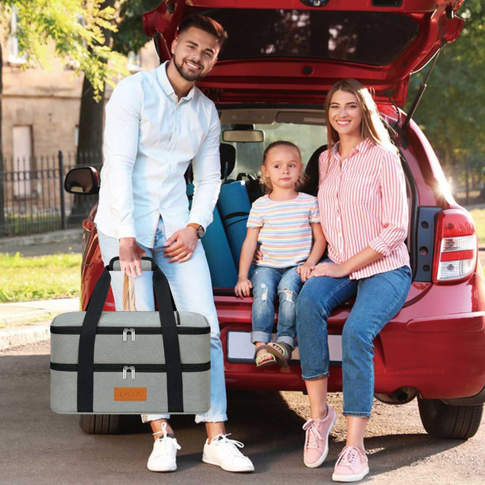 LHZK Cacerola aislada de doble piso para alimentos calientes o fríos, transportador de alimentos calientes expandible, picnic, playa, se adapta a bandeja para hornear de 11 x 15 o 9 x 13 pulgadas