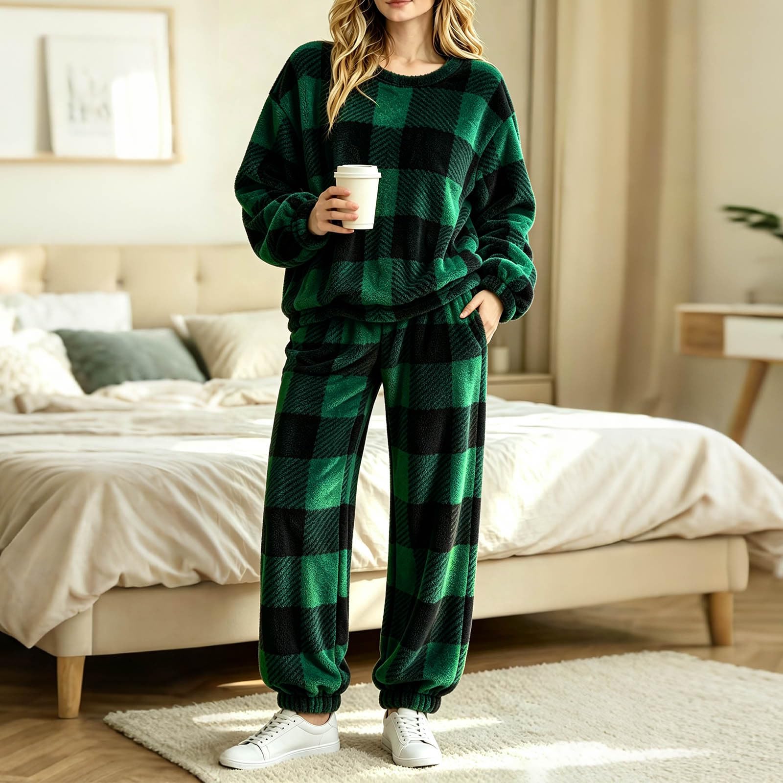 Ensemble 2 Pièces Pyjama Femme à Carreaux Flanelle Pull Col Rond Pantalon