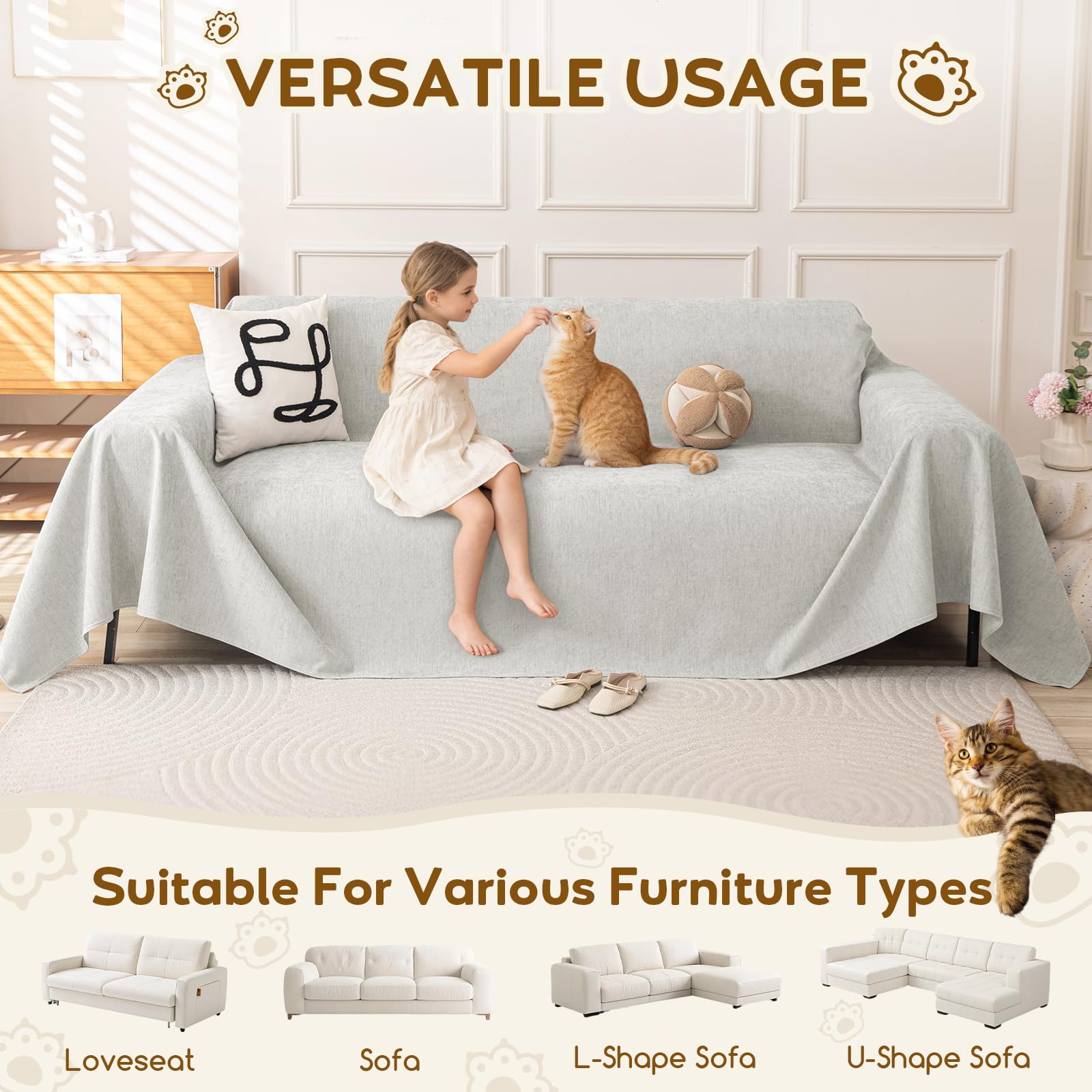 OstepDecor Funda de Sofá Impermeable 2 3 4 Plazas 180 x 340 cm, Cubre Sofá Chenilla Antigarras para Gatos, Protector de Sofá Anti-Manchas, Resistente al Desgaste, Fácil de Limpiar, Gris Claro