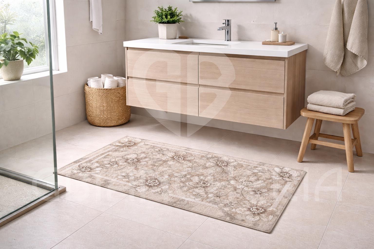 by Suardi Tappeto Cucina Bagno Emily Antiscivolo Lavabile in Lavatrice, Passatoia 55 cm in Ciniglia Jacquard Floreale, Made in Italy, Vari Colori e Misure (Tortora, 55x115 cm)