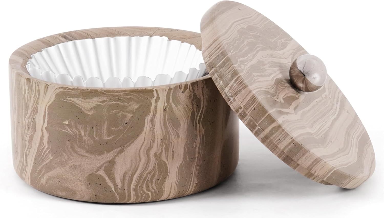 Marble Coffee Filter Holder – 6 inch Handmade Natural Brown Coffee Filter Holder with Lid, Storage Organizer for Kitchen Countertop & Bar Decor