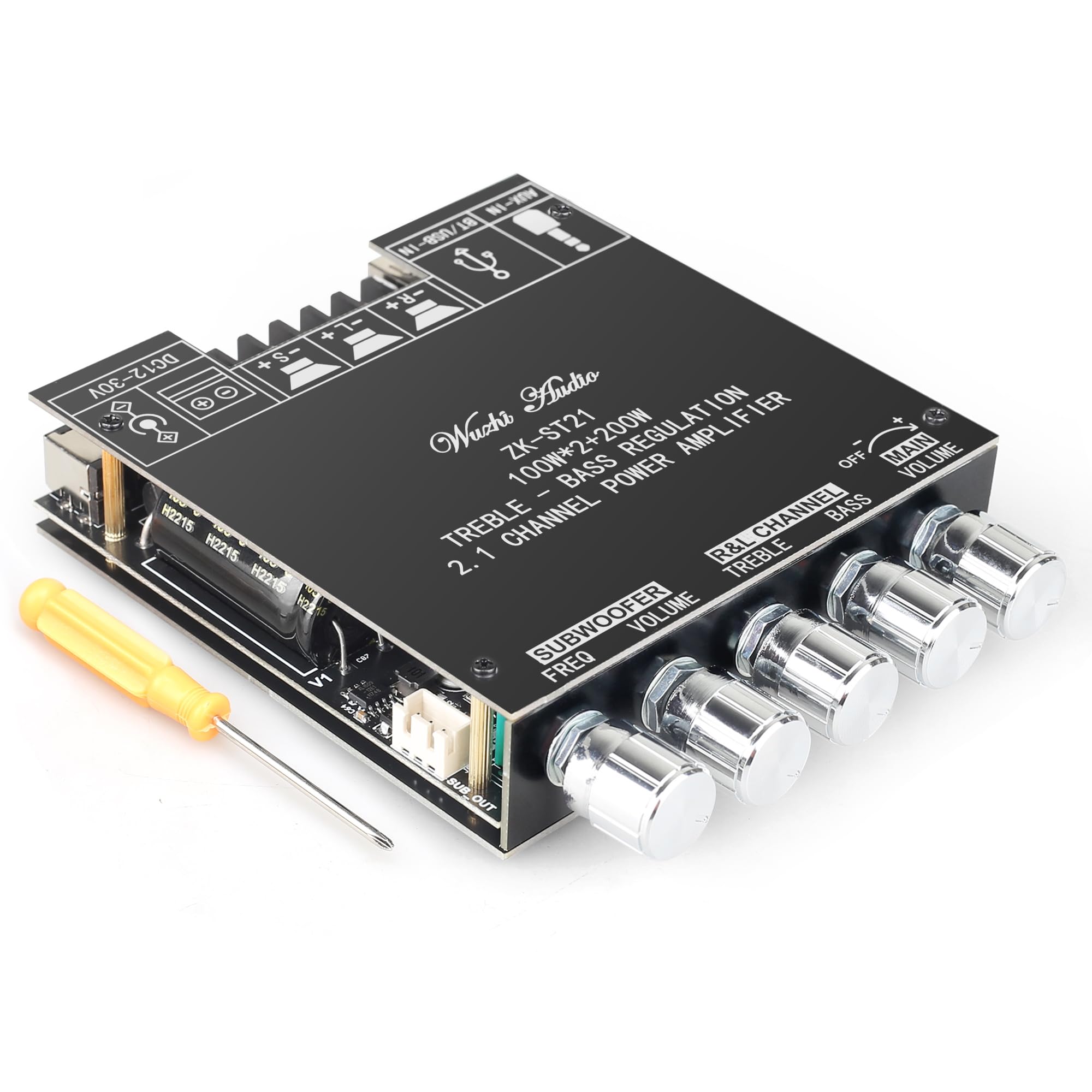 ZK-ST21 100Wx2+200W 2.1Channel Bluetooth Amplifier Board with Subwoofer, TPA3221 Chip, Bass/Treble Control, Bluetooth/AUX/USB Input, 12-30V Wide