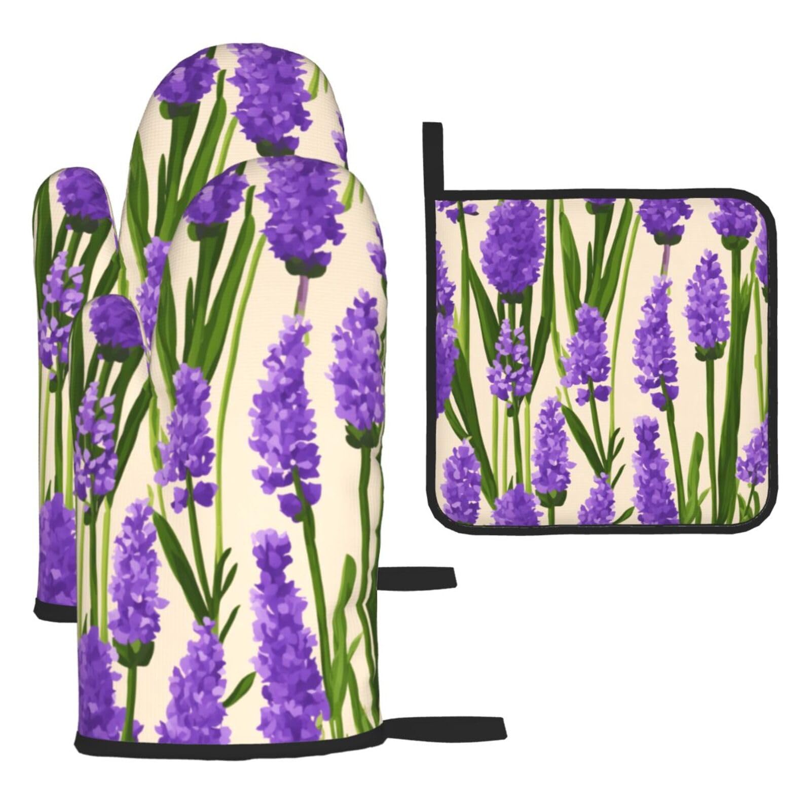 Lavender Stamp Print Oven Kitchen Gloves For Baking Outdoor Grilling Home Use Mitts Microwaving Bbq