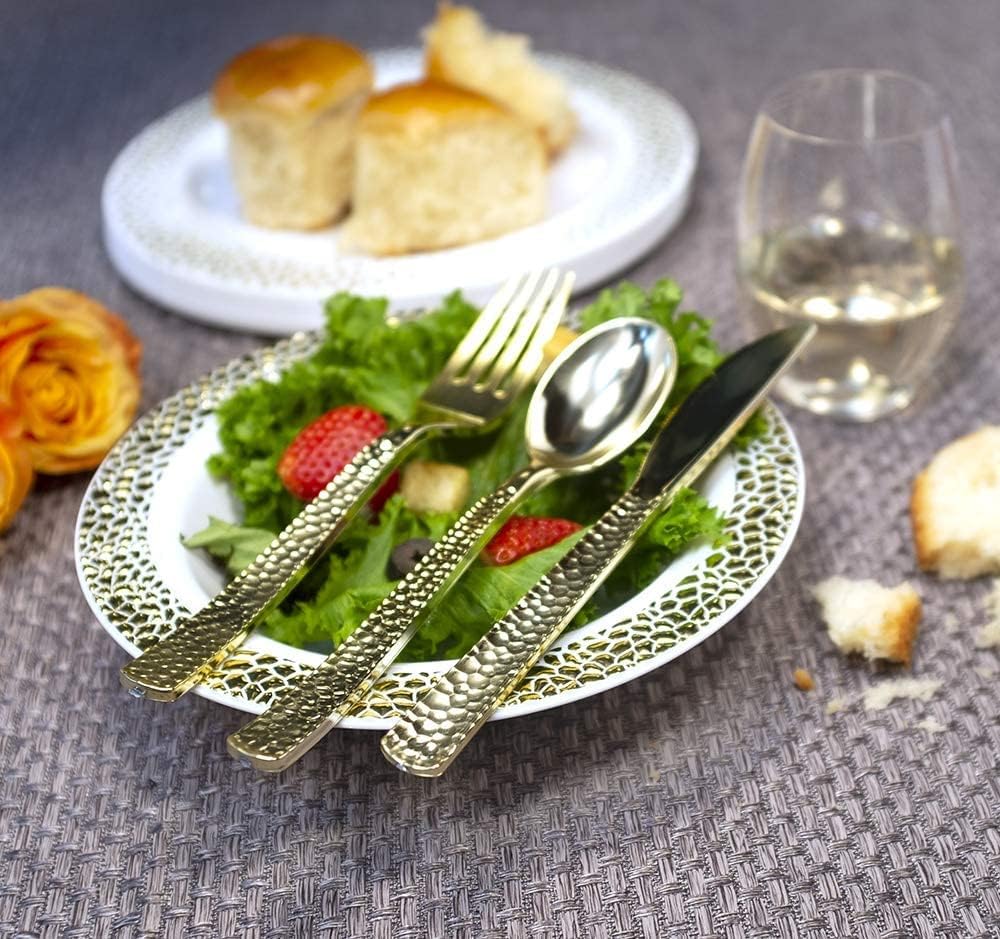 Plastic Cutlery Silverware Extra Heavyweight Disposable Flatware, Full Size Cutlery Combo, Gold Pebbled, 80 Forks, 40 Spoons, 40 Knifes, Value Pack 160 Count - Image 8