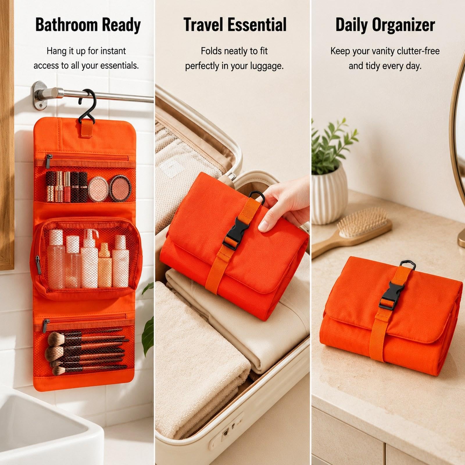 Bolsa de Aseo de Viaje con Gancho Organizador de Artículos de Tocador Portátil Multifuncional Estuche de Maquillaje con Compartimentos de Malla Cremal, 4 Piezas