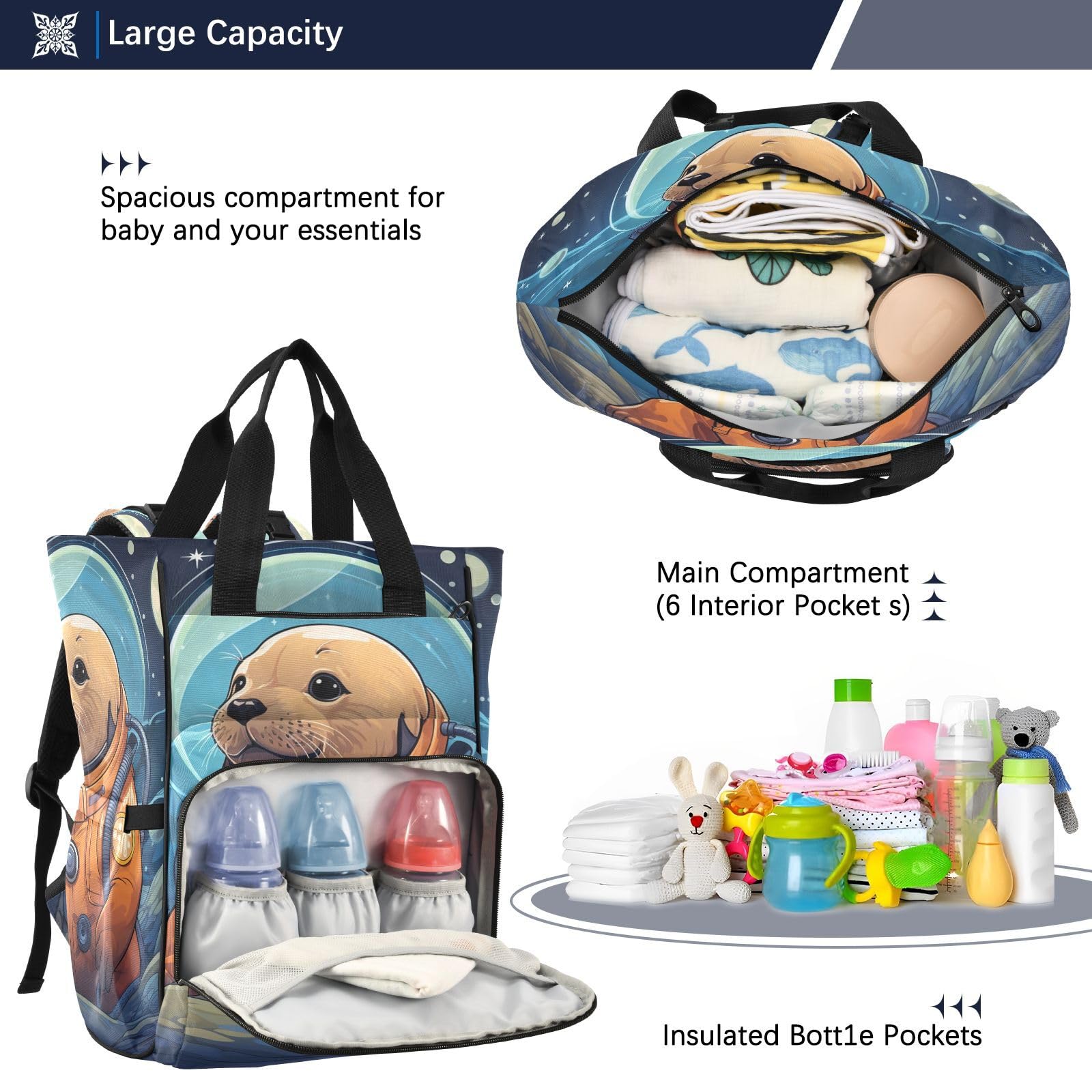 Sello MarróN Espacio Luz De La Luna Mochilas de Pañales para Gran Capacidad Pañal Bolso Mochila para Viajar al Aire Libre Mamá y Papá