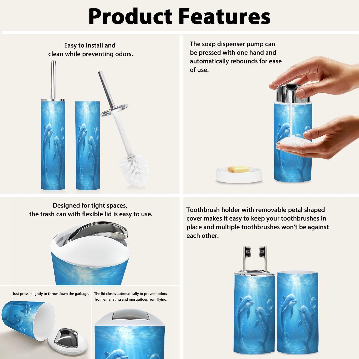Bathroom Accessory Set 6PCS Two Dolphins Happily Swimming Ocean Trash Can, Soap Dispenser, Toothbrush Holder, Toothbrush Cup, Toilet Brush Holder, Soap Dish for Gifts