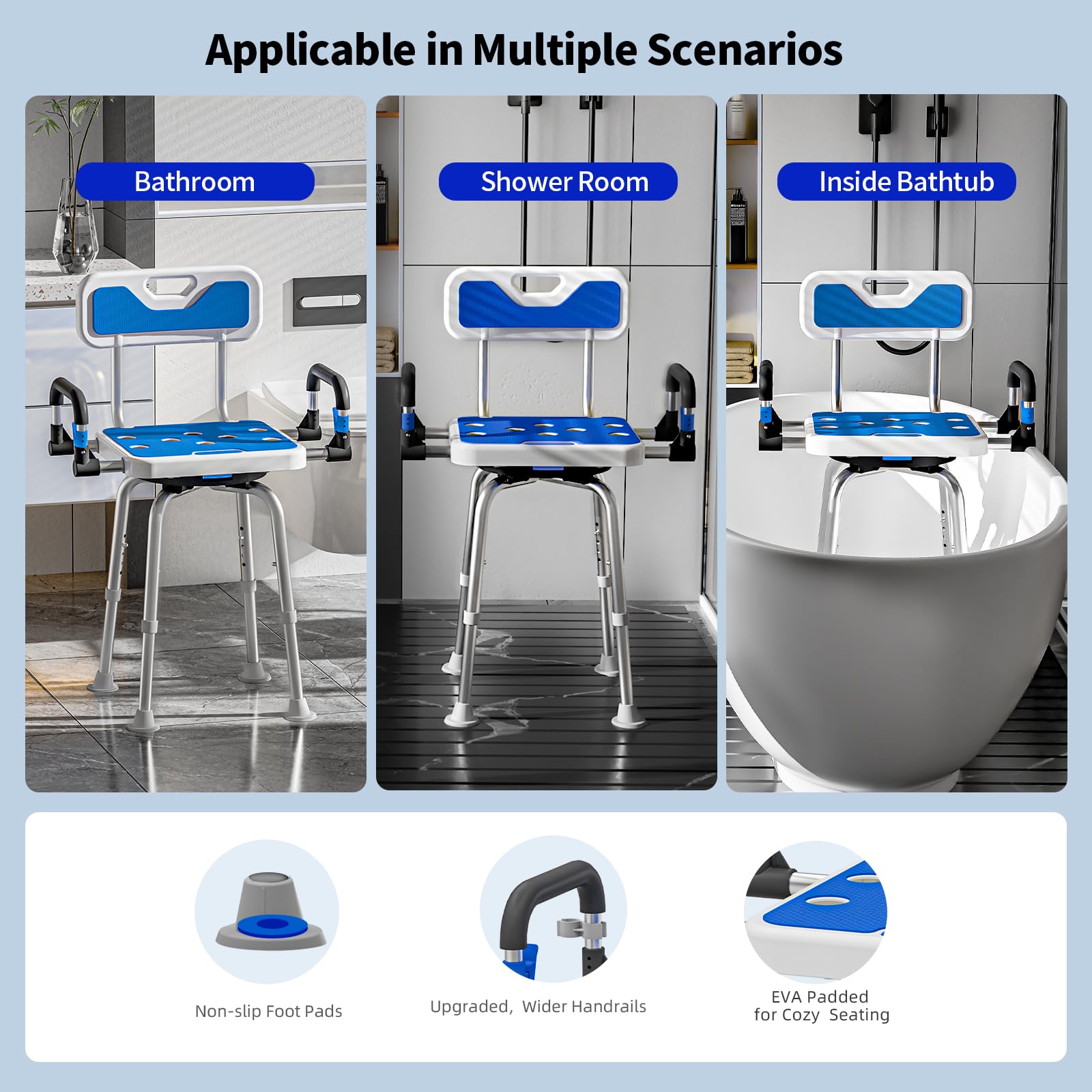 Silla de ducha giratoria resistente de 500 libras para personas mayores, ancianos, discapacitados o adultos bariátricos con brazos y asiento trasero para ducha interior y asiento de bañera de baño,