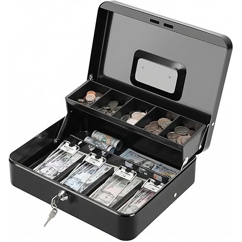 KYODOLED Locking Cash Box with Lock, Money Box with Cash Tray, Lock Safe Box with Key, Money Saving Organizer,11.81Lx 9.45Wx 3.54H Inches, Black XL Large