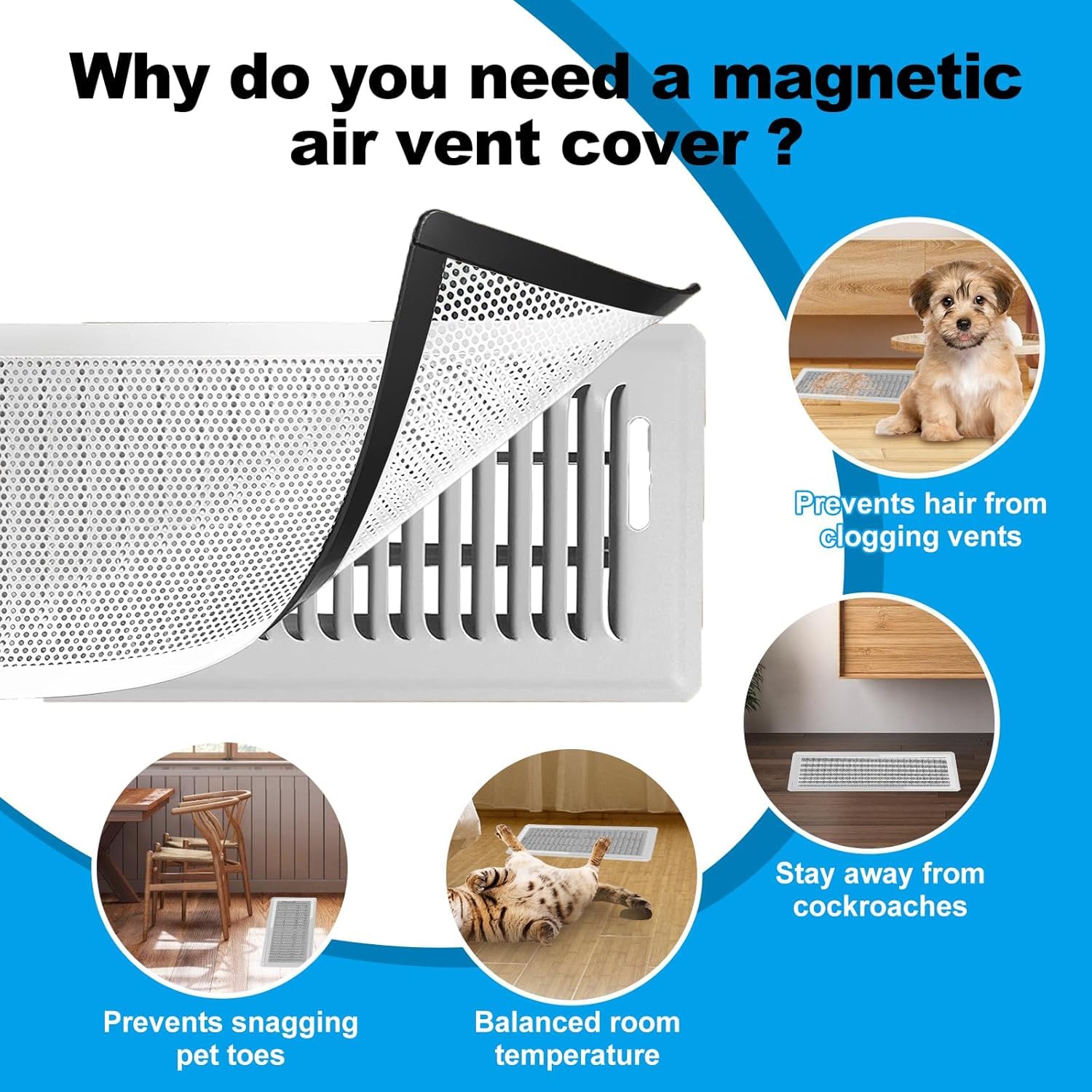 6 cubiertas magnéticas de ventilación blancas – Pantalla magnética fuerte de ventilación de aire de 7 x 13 pulgadas – para registros de suelo/pared/techo – fácil instalación, ajuste seguro – duradero