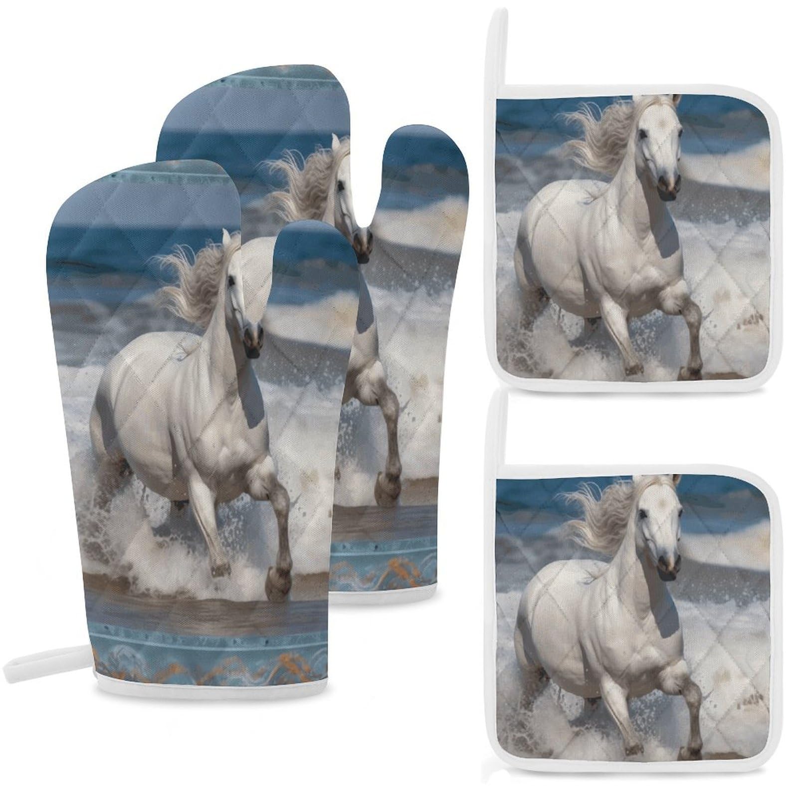 Lot de 4 maniques et gants de cuisine motif cheval blanc isolants pour cuisson et grillades