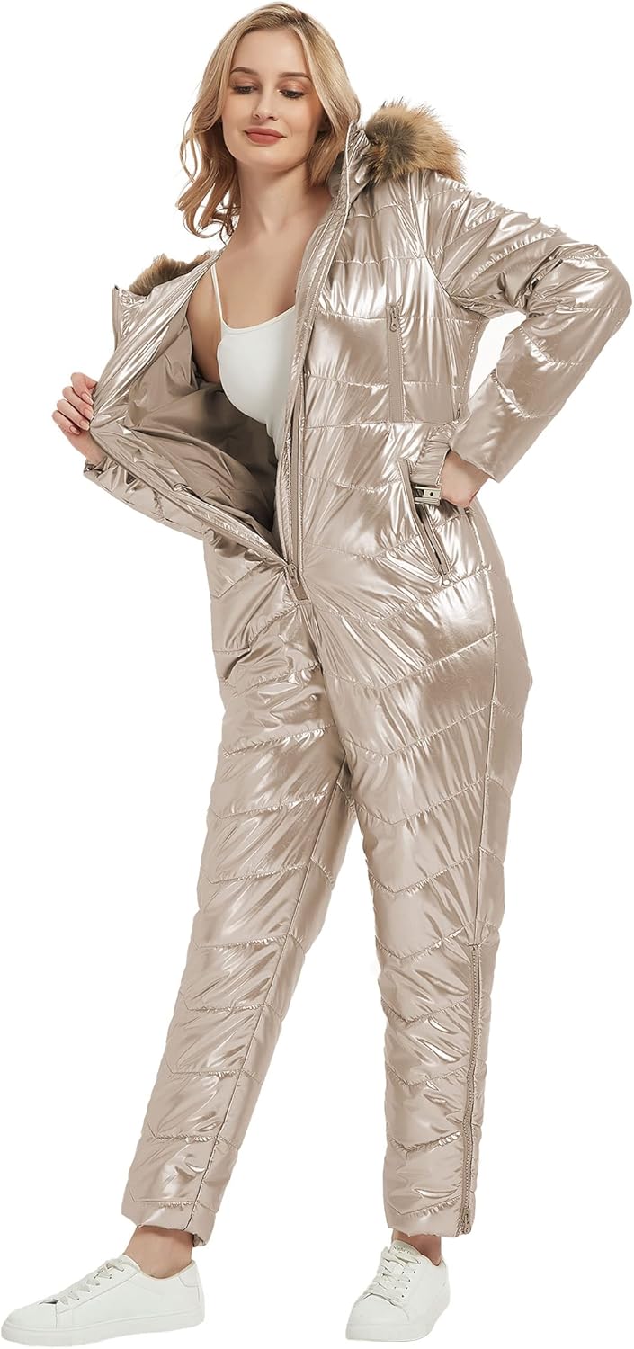 RISISSIDA Women Ski Suit Jumpsuit, Winter Onesies Outdoor Sports Waterproof Snowsuit One Piece with Hood Removable Fur Collar - Image 6