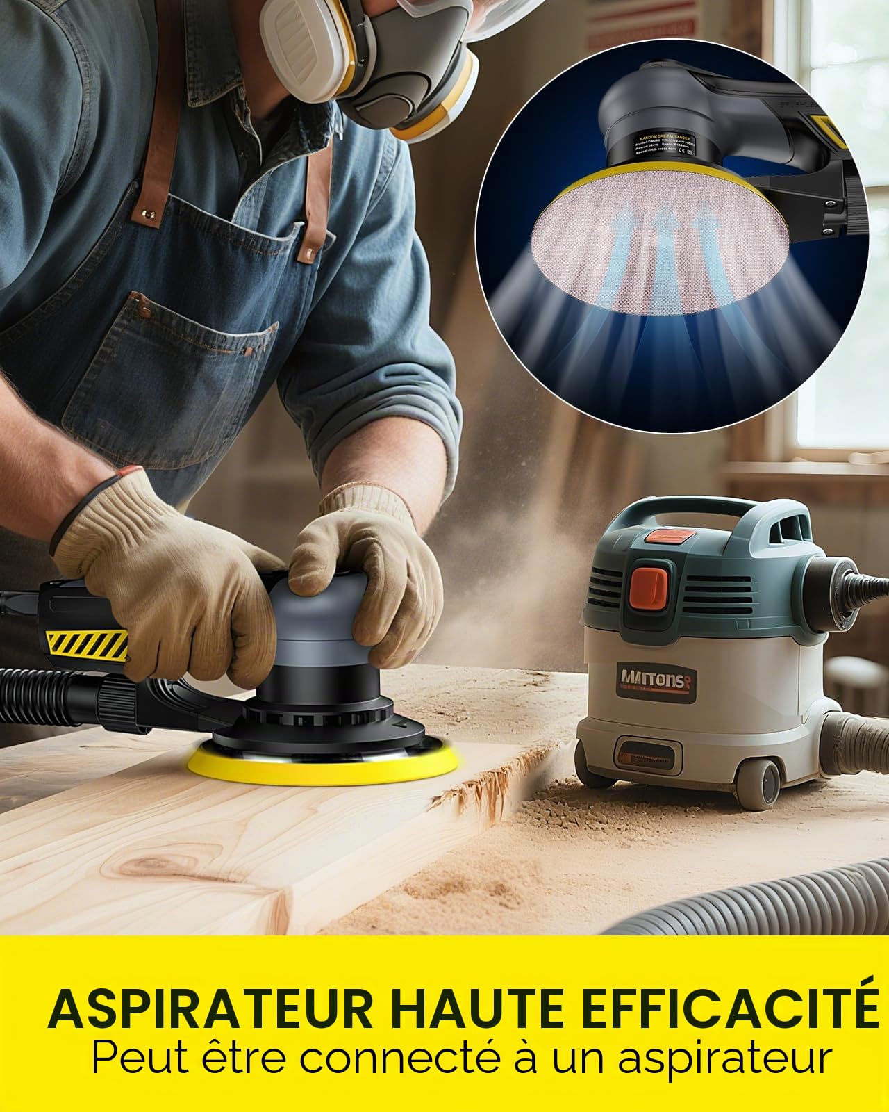 Ponceuse excentrique sans balais 360 W, course de ponçage 5,0 mm, ponceuse excentrique électrique avec plateau de support de 150 mm, 4000-10000 tr/min, faible vibration, ponceuse excentrique pour