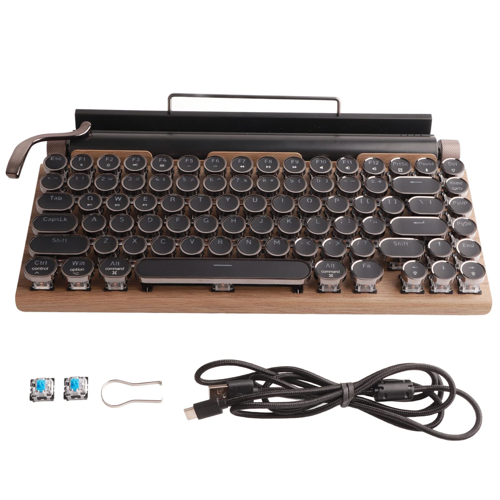 KIMISS Clavier de Machine à écrire 83, Touches Mécaniques sans Fil Bluetooth Vintage avec Capuchon Rond en Métal Couleur Grain de Bois (Couleur du Grain du Bois)