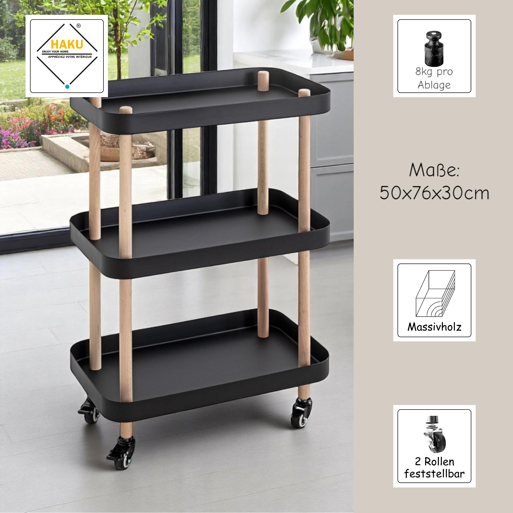 HAKU Tavolino in legno massello su rotelle naturale Base in metallo nero Tavolino da salotto su ruote - Dimensioni: L 50 x A 76 x P 30 cm Stile: Moderno