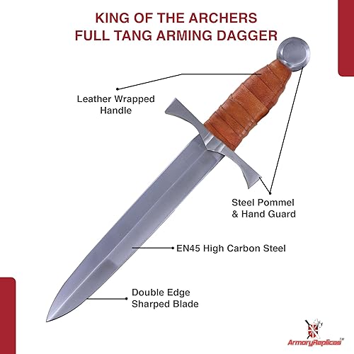 Miniatura 3 de Armory Replicas King of the Archers Full Tang Arming Dagger - Hoja de acero de alto carbono EN45 con mango y funda envuelta en cuero - Colección