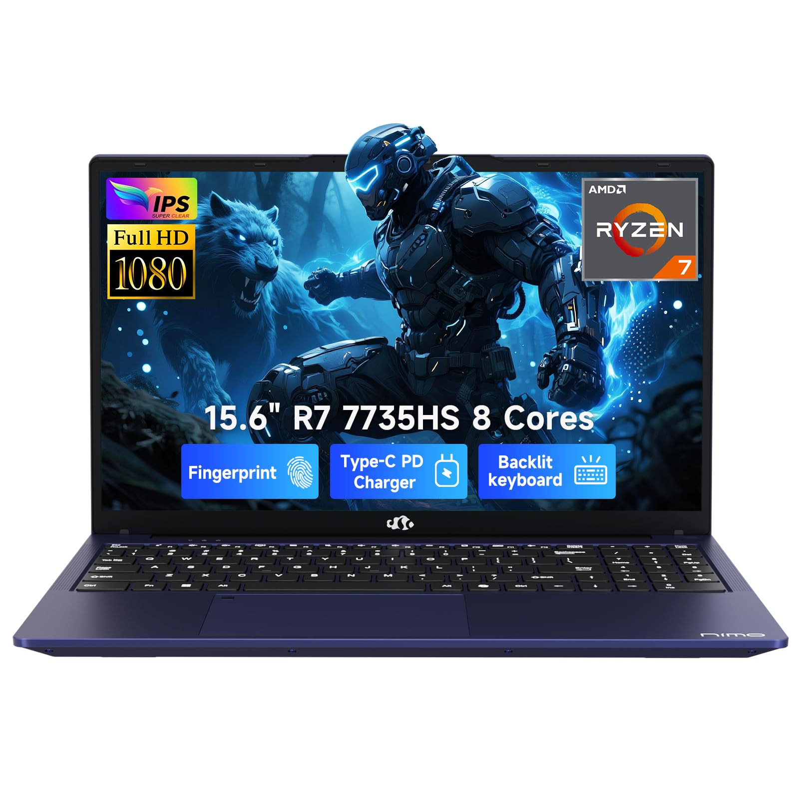 NIMO 2025 Gaming Laptop, 15.6" FHD Laptop with AMD R7 7735HS (8C/16T, Up to 4.75GHz), 16GB DDR5 RAM 512GB SSD Computer with Radeon 680M 100W Type-C Backlit KB Fingerprint