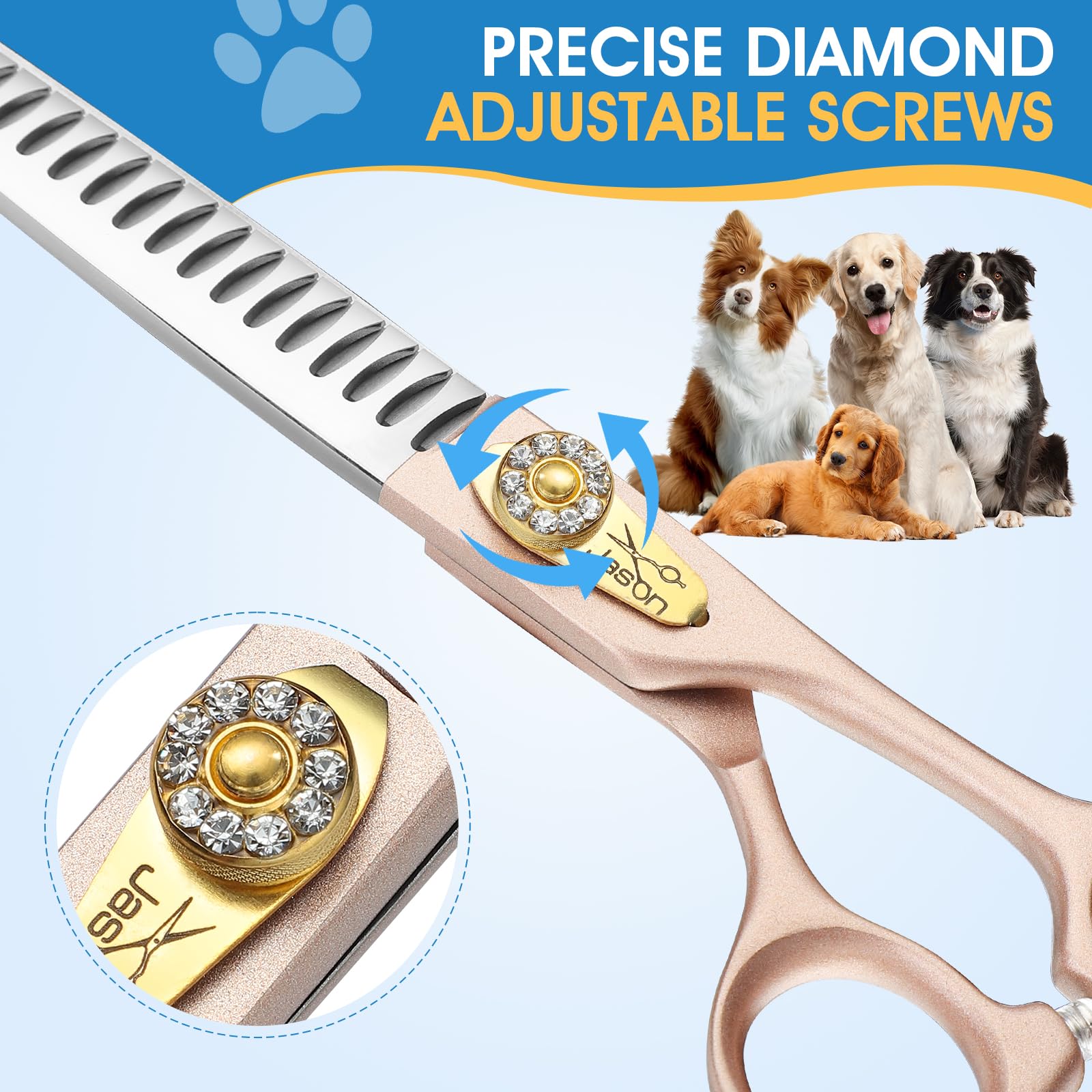 JASON Ciseaux Professionnels pour Chiens 7.5 Pouces 24 Dents Chunker Ciseaux à Effiler Acier Inoxydable Japonais 440C Poignée Ergonomique Or Rose