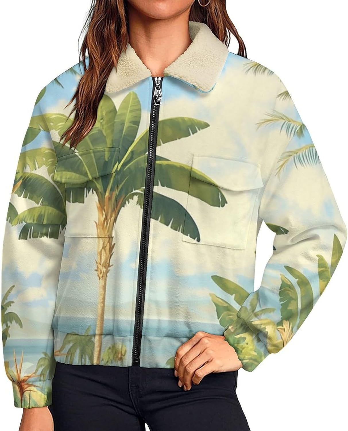 Womens Fuzzy Fleece Jacket with Banana Tree Vegetation Printed, Zip Up Sherpa Lined Coats, Winter Warm Outwear