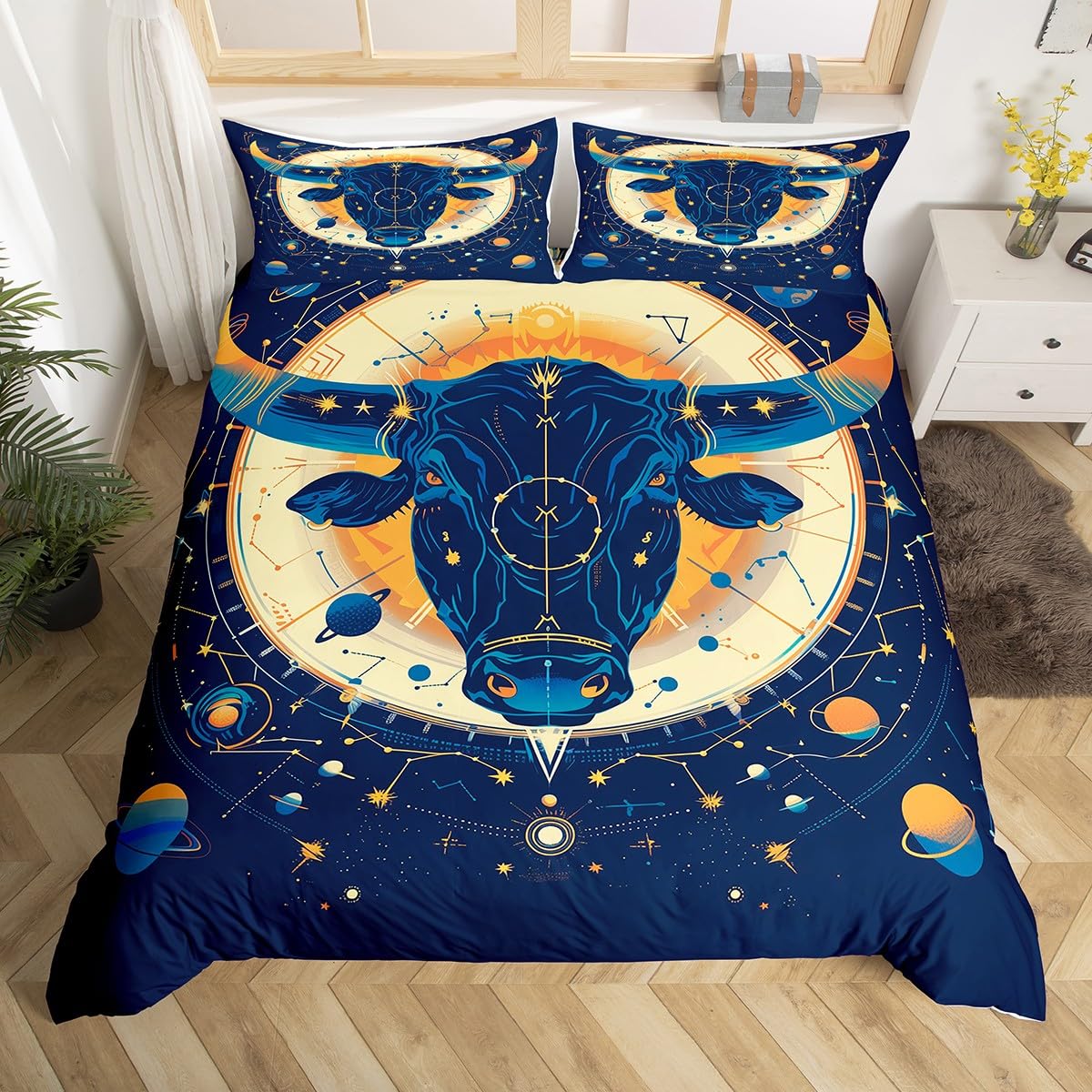 Manfei Taurus Duvet Cover,Starry Galaxy Planets Golden Blue Duvet Cover for Kids Boys Girls Teens,Constellations Astrology Zodiac Boho Glitter Bedroom Decor Comforter Cover(No Filler) Full