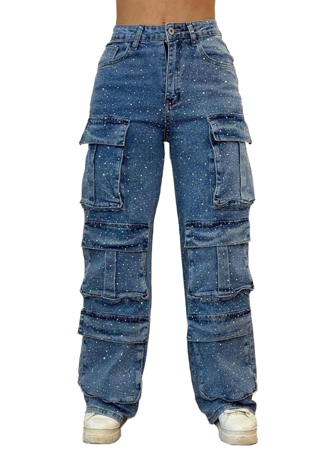 Womens High Waisted Rhinestone Jeans Black Straight Chic Baggy Wide Leg Bling Denim Pants Loose Fit Pearl Jeans