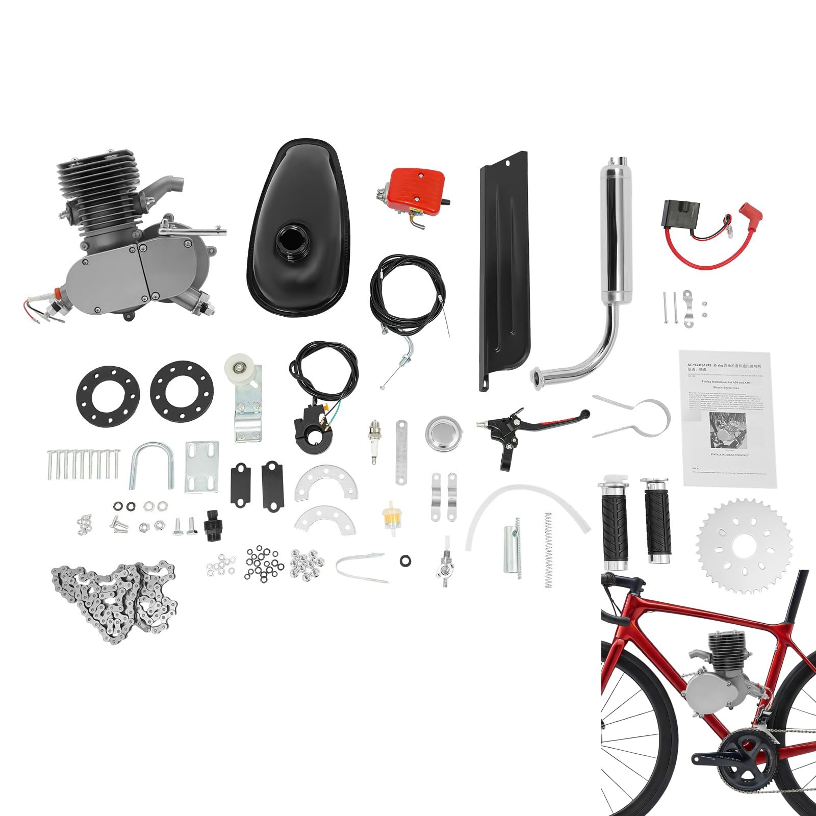 Kit motore per bicicletta 100cc 2 tempi, kit di conversione motore a benzina con accensione CDI, monocilindrico raffreddato ad aria, per telaio V da 26/28 pollici, motorizzazione fai-da-te per