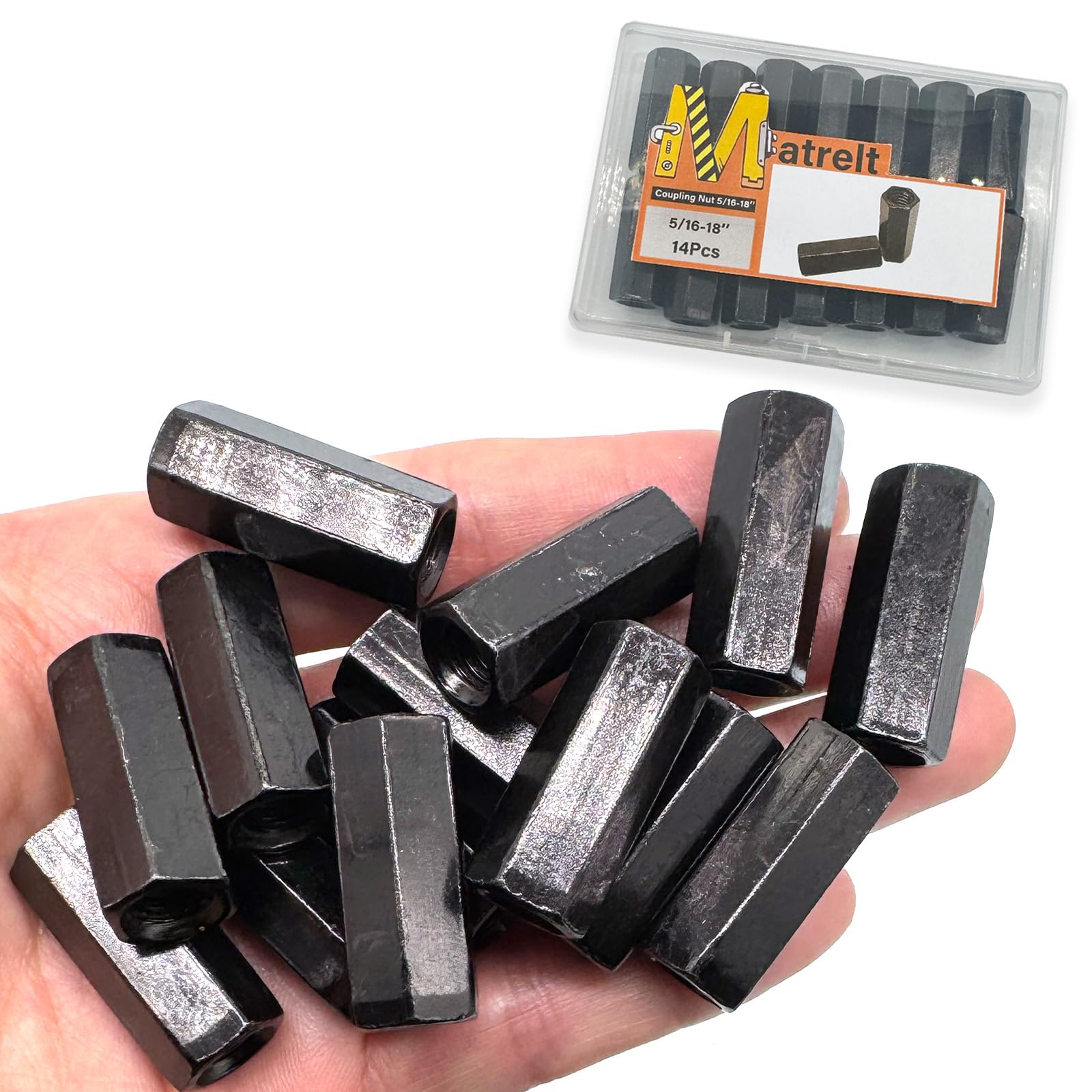 Matrelt 14Pcs Black 5/16"-18 Hex Coupling Nut, Threaded Rods Nuts Black Zinc Plating Extended Hexagon Rod Coupling Nuts, Threaded Connectors for Full