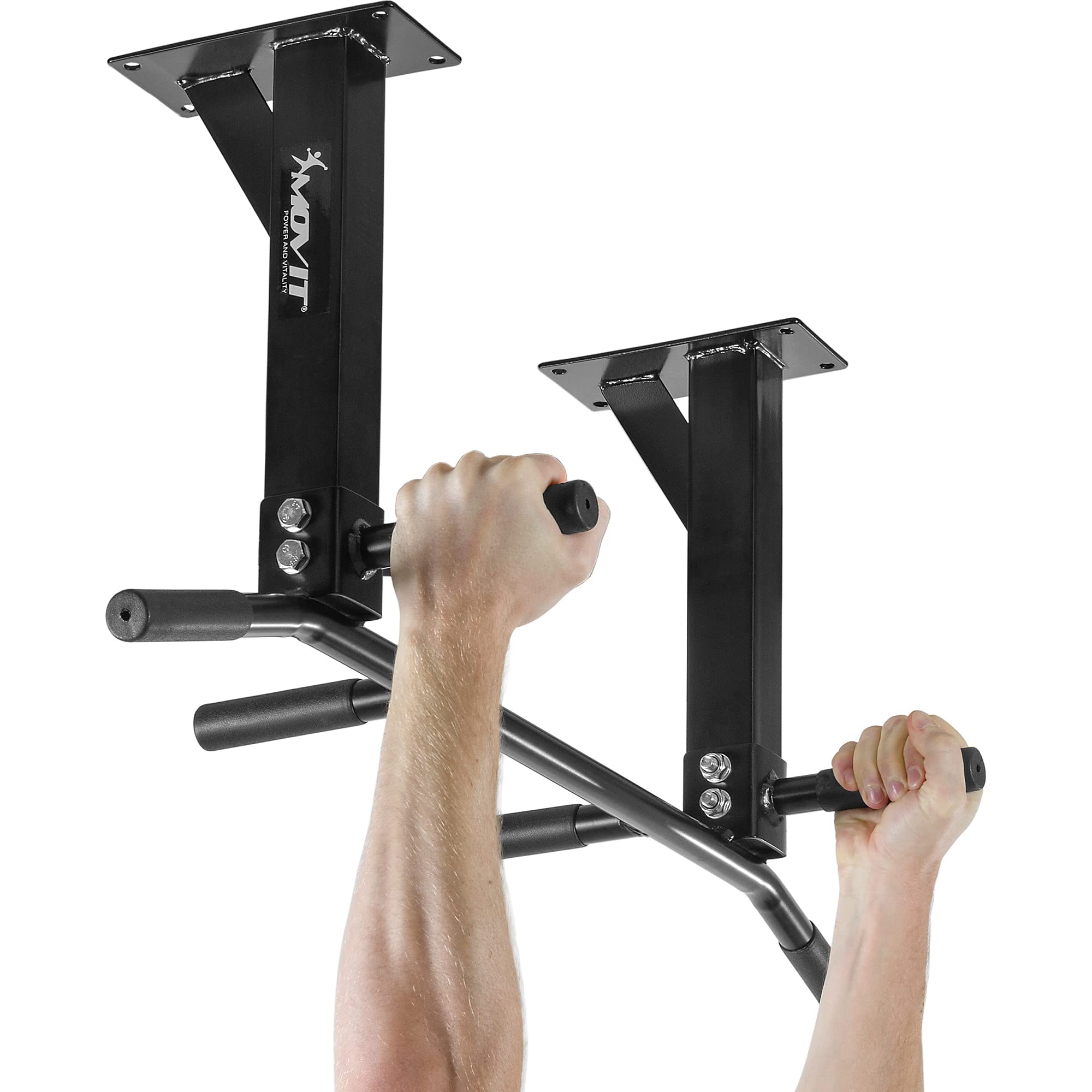 MOVIT Barra per Trazioni - a Soffitto, Professionale, Carico Massimo 350 kg, 6X Impugnatura Antiscivolo, 2X Gancio - Sbarra per Sollevarsi, Allenamento, Fitness, Pull up Bar, Chin Up