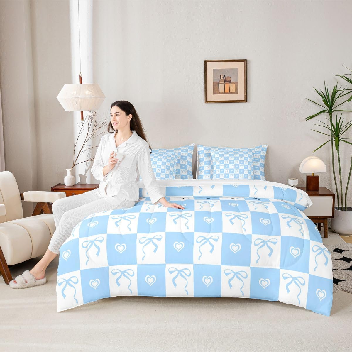Feelyou Cute Bow Queen Comforter Set with Sheets for Kids Boys Girls Pink Plaid Checkered 7 Pieces Bedding Set Bow Tie Blue Bed in a Bag Room Decor Soft Lightweight Microfiber