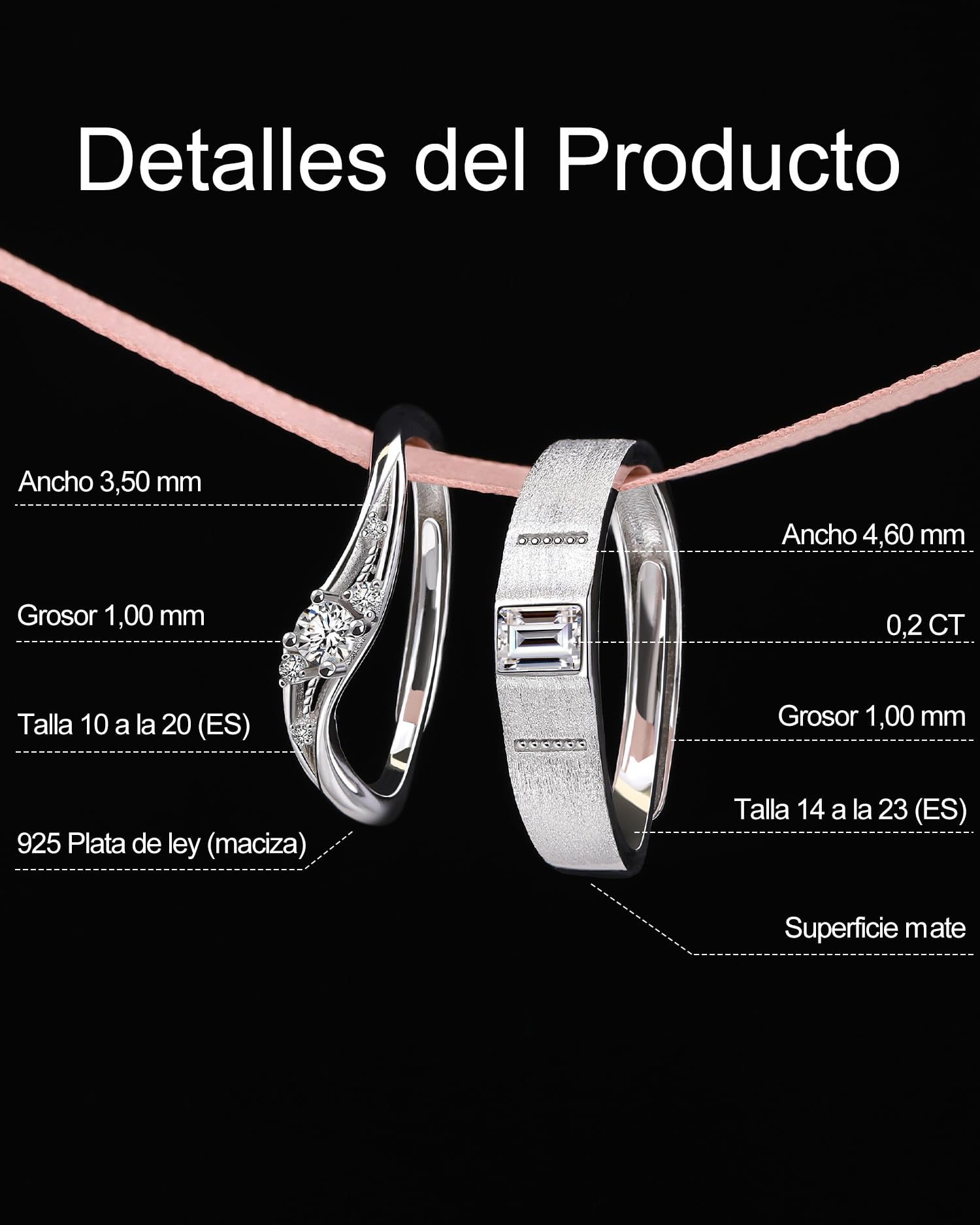 Meissa Anillos de Compromiso de Plata 925 Pareja Alianzas Ajustables Mujer 3.5mm & Hombre 4.6mm Joyas de Pareja para Boda Aniversario San Valentín Regalo para Ella y Él