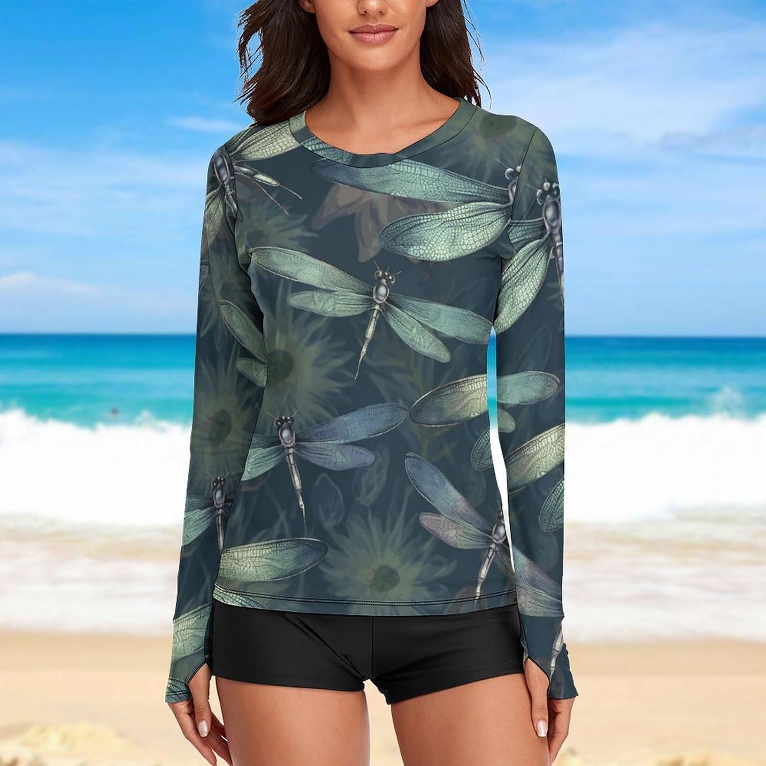 UPF 50+ Womens Sun Protection Shirts UV SPF T-Shirts Dragonfly Pattern Long Sleeve Rash Guard Athletic Tops-