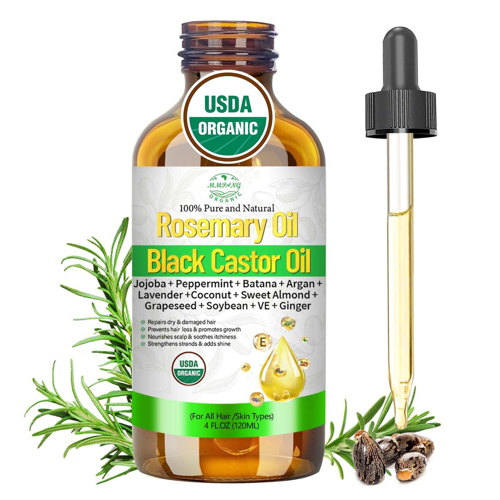 Aceite de romero para el crecimiento del cabello con ricino, mezcla orgánica prensada en frío, aceite natural para el cuero cabelludo, alivia la picazón del cuero cabelludo, repara el cabello seco y