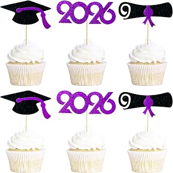 Pre-Assembled Graduation Cupcake Toppers 48 PCS, Class of 2026 Mini Cake Decorations Grad Cap & Diploma, Food & Appetizer Picks for Graduation Party
