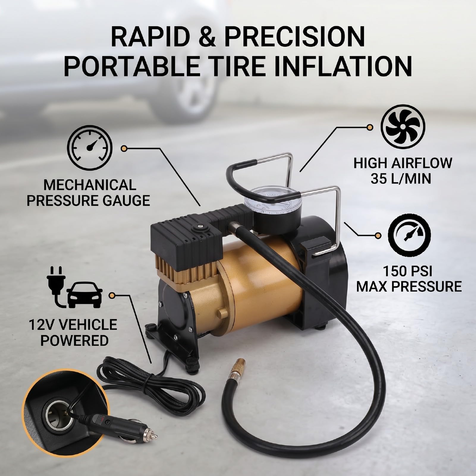 Compressore d'Aria Portatile, Gonfiatore per Pneumatici per Auto 12V 150 PSI con Manometro Analogico, Sostituzione per Pneumatici per Auto, Bici, Palloni Sportivi (Stile rotore)