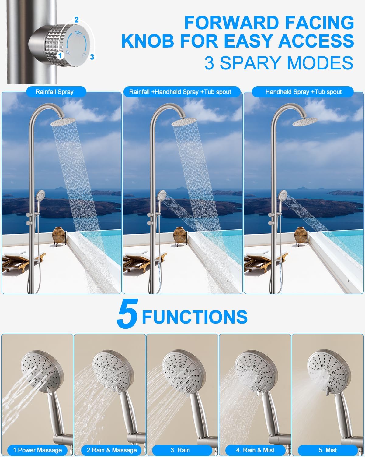 Free Standing Outdoor Shower Stainless Steel, 5-Function Nickel Shower Kit with 10''Rain Shower Head,Outdoor Shower Fixture for Backyard Beach Poolside,Floor Mounted