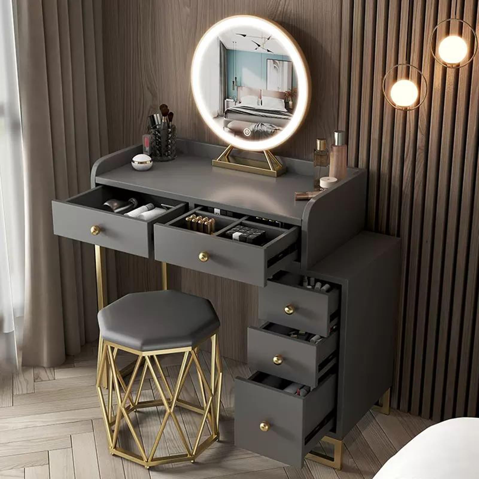 asdchZen Extendable Dressing Table Mirror With Led Lighting 80Cm Gray Vanity Desk 5 Drawers Modern Makeup Station For Bedroom Space-Saving Design Stylish Home Furniture