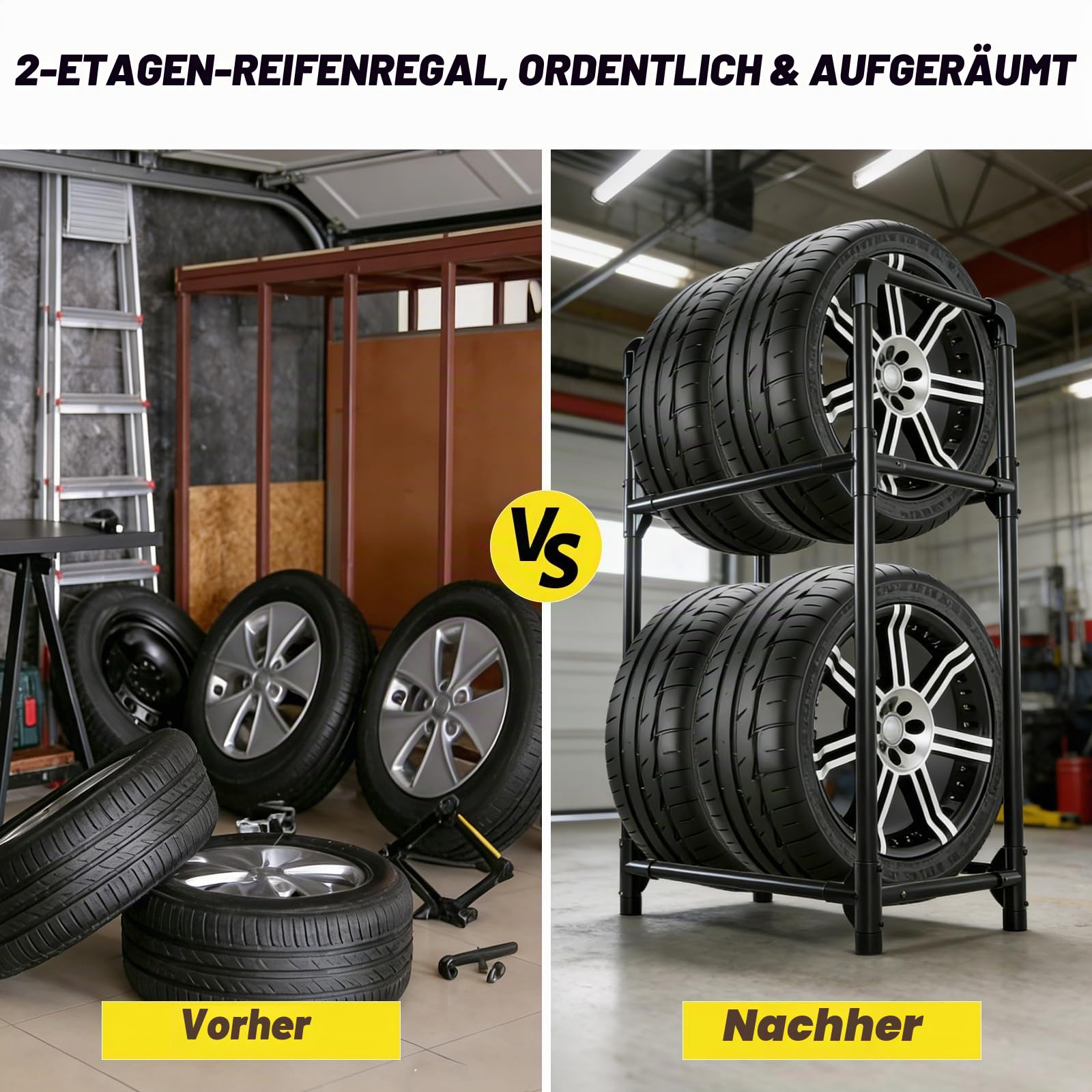 EXLECO Reifenständer 4 Reifen 57x37x114cm Schwarz | Felgenbaum für Autoreifen, Werkstattregal, Garagen-Reifenhalter, Tragkraft 200kg, Stahl beschichtet