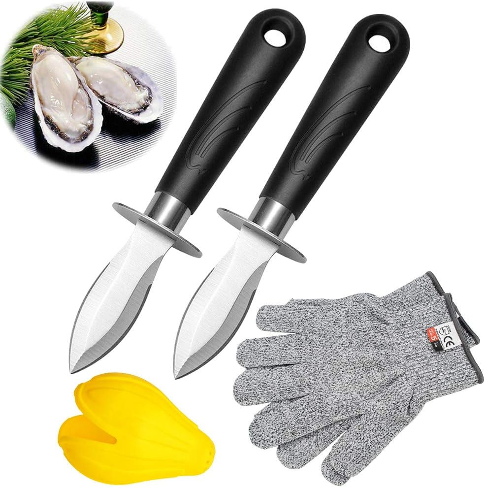 2 Oyster Shucking Knife Set with Level 5 Protection Food Grade Cut Resistant Gloves Clam Shellfish Seafood Opener - Halloween, Christmas and New Year Party Supplies( 2 knives+1 pair XL gloves)