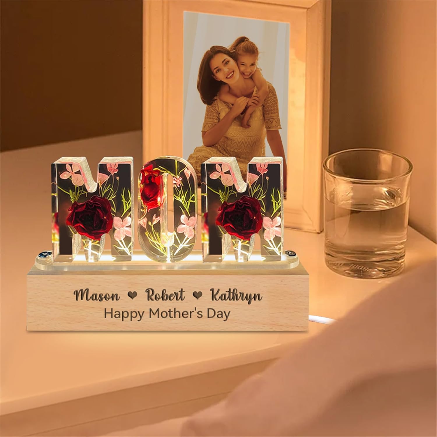 Personalized Grandma Resin Flower Lamp Custom Resin Letter Lights with 1-15 Name Epoxy Resin Night Light Dry Flower Light Women Mothers Day Christmas Birthday Gifts from Daughter Son