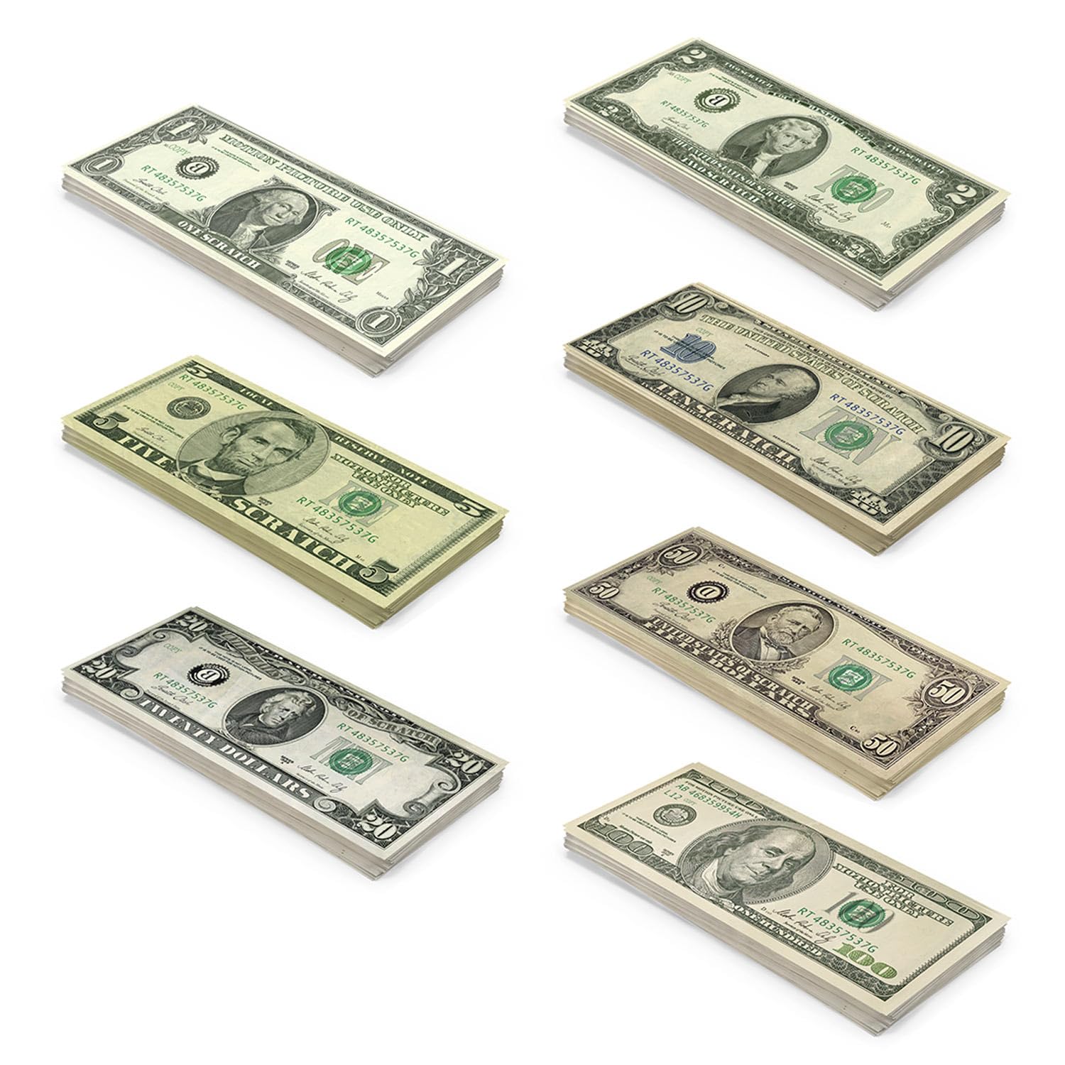Scratch Cash Mini Bundle Old Style 175 - Fake Banknotes 25 x $ 1, 2, 5, 10, 20, 50, 100 Dollars, Fac-Similar Dollars, Real Size